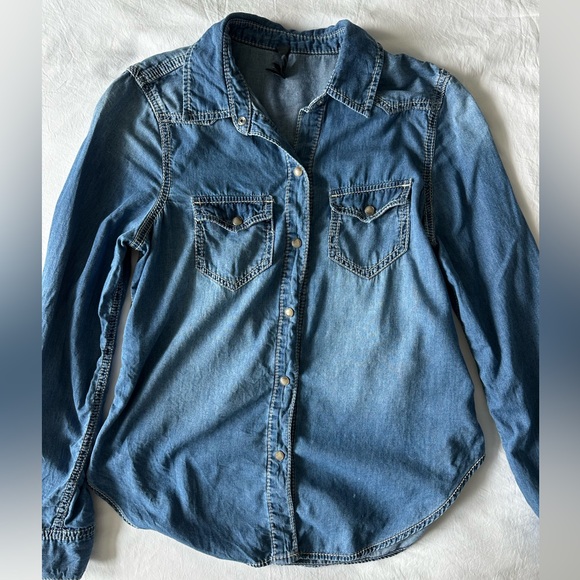 7 for All Mankind Shirt Medium Blue Pearl Button Western Long Sleeve - Picture 1 of 8